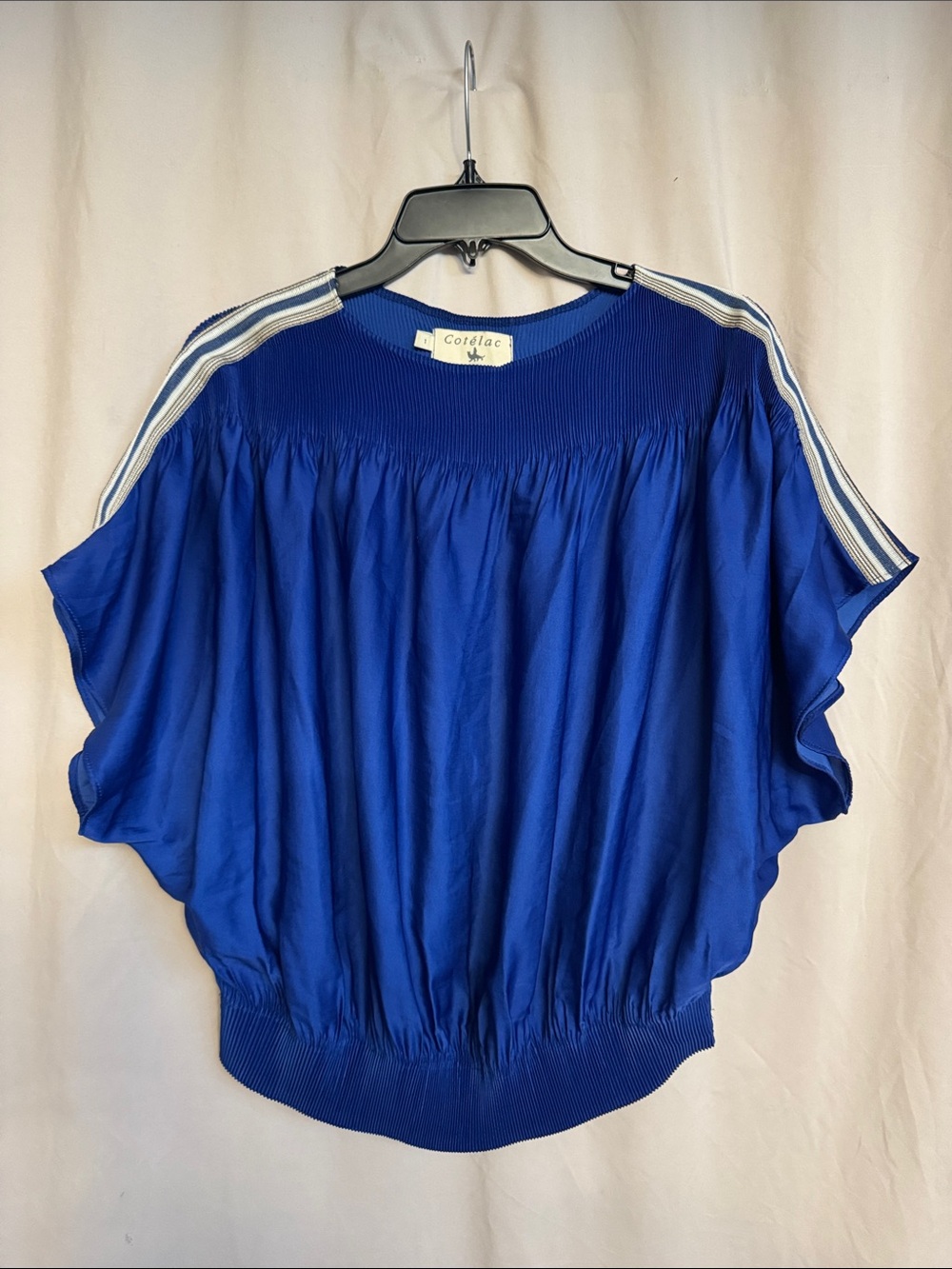 Cotélac Pleated Yoke Blouson Top with Stripe Shoulder Trim, Size 1, US 6/8, Blue